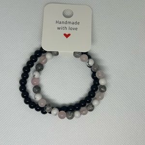 Pink Grey & Black Beaded Bracelet Set
